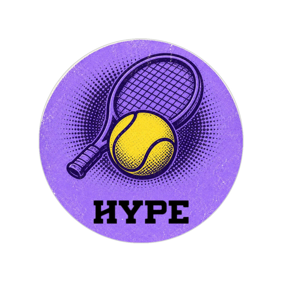 A circular purple graphic with a tennis racket and yellow tennis ball, plus the word “HYPE” in bold black letters, shown on a white background.