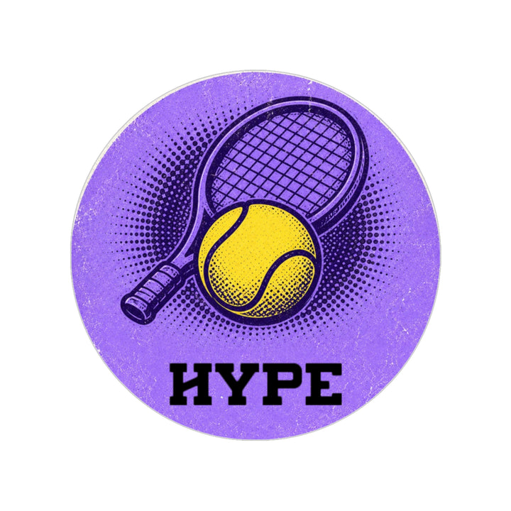 A circular purple graphic with a tennis racket and yellow tennis ball, plus the word “HYPE” in bold black letters, shown on a white background.