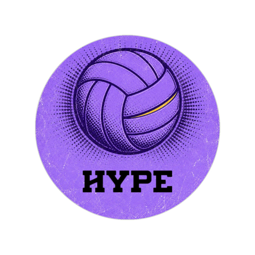 A circular purple graphic featuring a stylized volleyball with a thin yellow stripe and the word 'HYPE' in bold black letters below it, centered on a white background.
