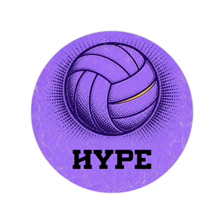 A circular purple graphic featuring a stylized volleyball with a thin yellow stripe and the word &