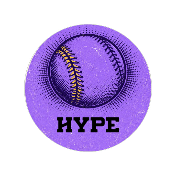 A circular purple graphic featuring a baseball illustration with yellow stitching and the word &
