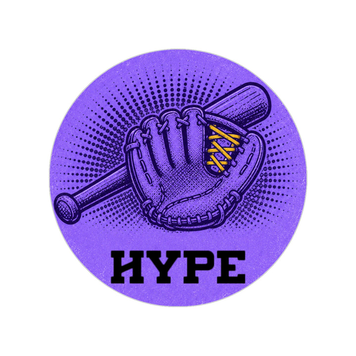 A circular purple graphic featuring a baseball glove and bat with the word &