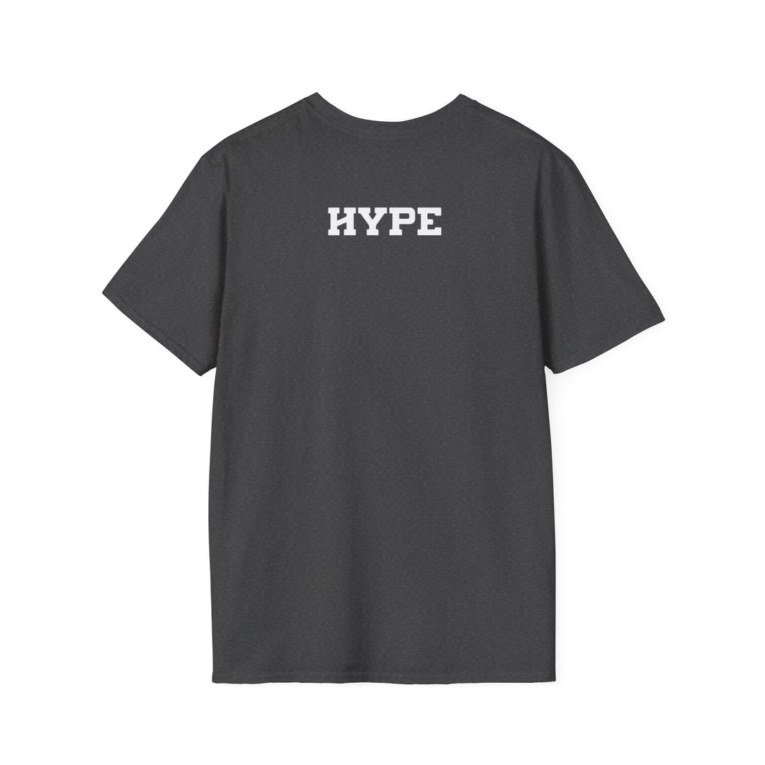 Back of a dark heather shirt with "Hype" in white