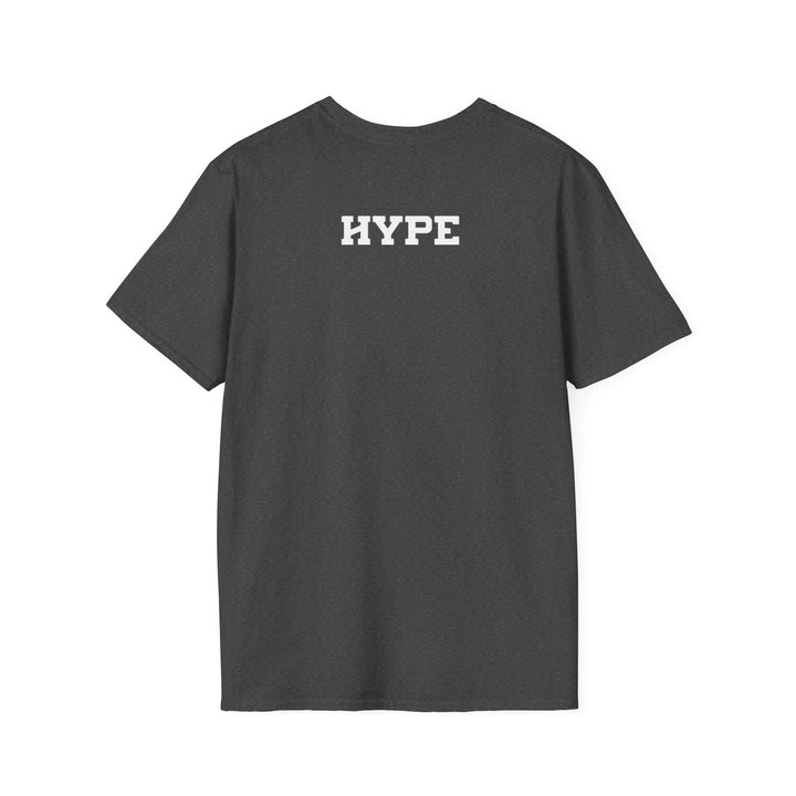 Back of a dark heather shirt with "Hype" in white