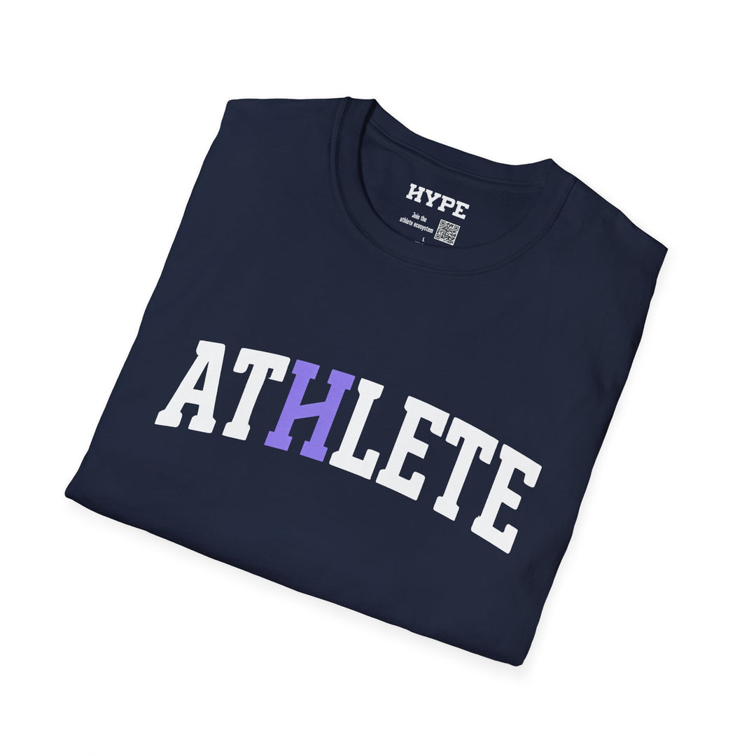 A navy blue folded t-shirt with &