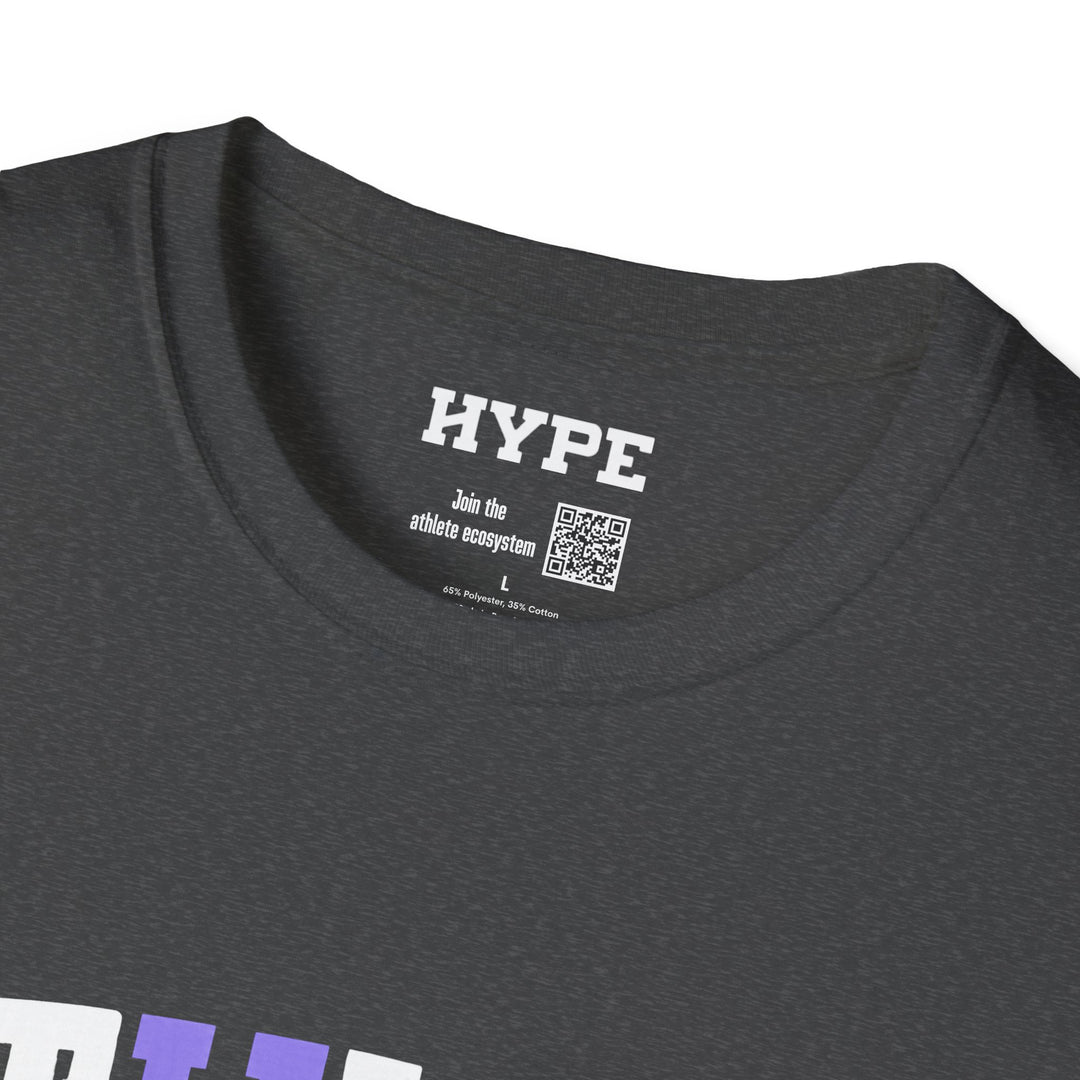 Close-up of a dark heather gray t-shirt showing the inner neck label with &