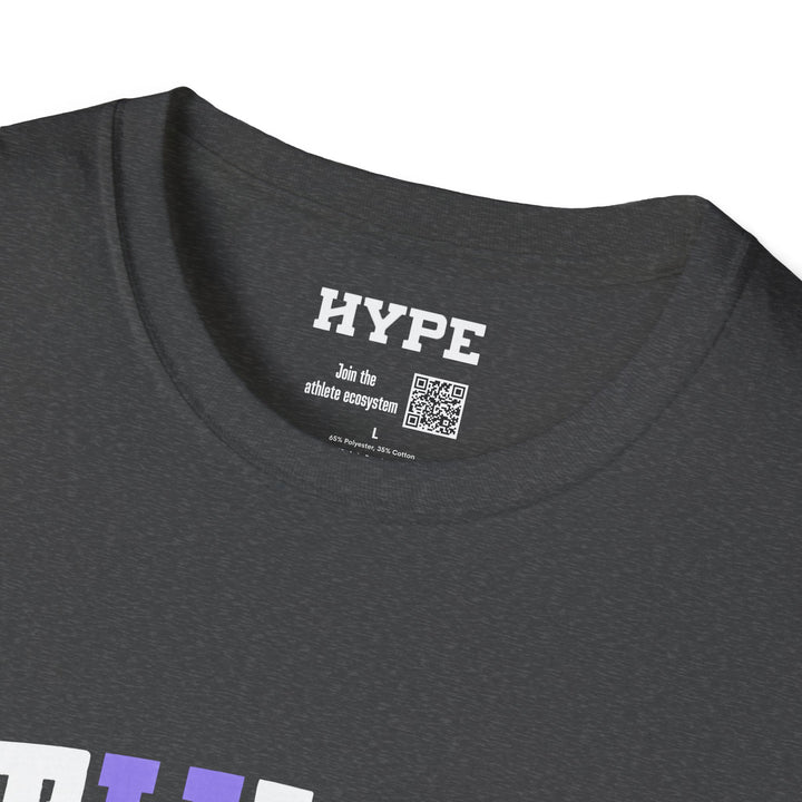 Close-up of a dark heather gray t-shirt showing the inner neck label with &