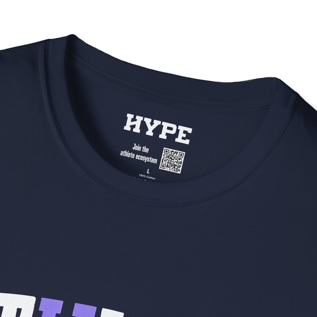 Close-up of a navy blue t-shirt collar showing the white printed &
