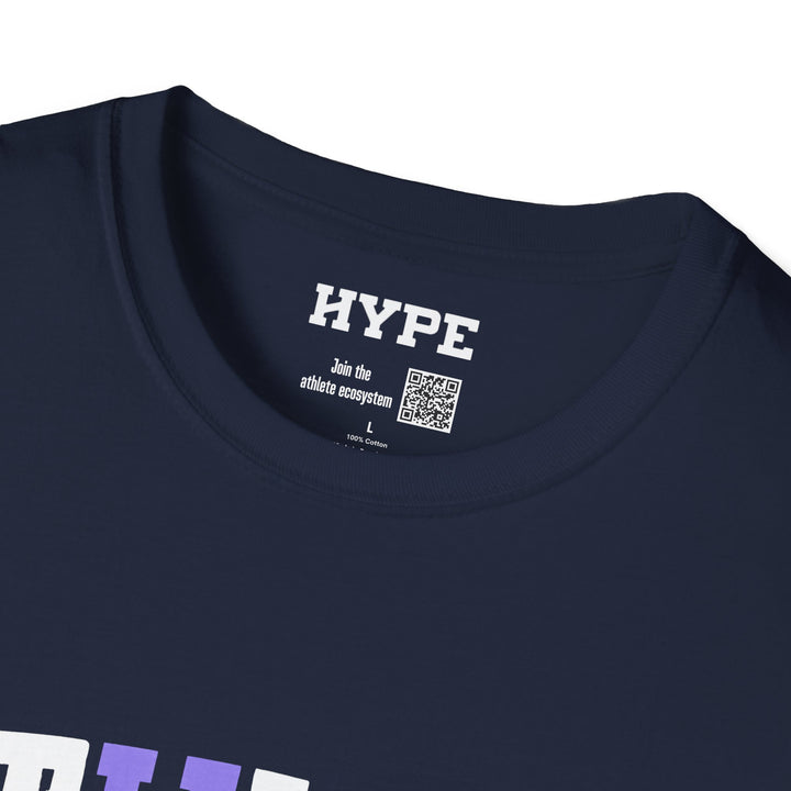 Close-up of a navy blue t-shirt collar showing the white printed &