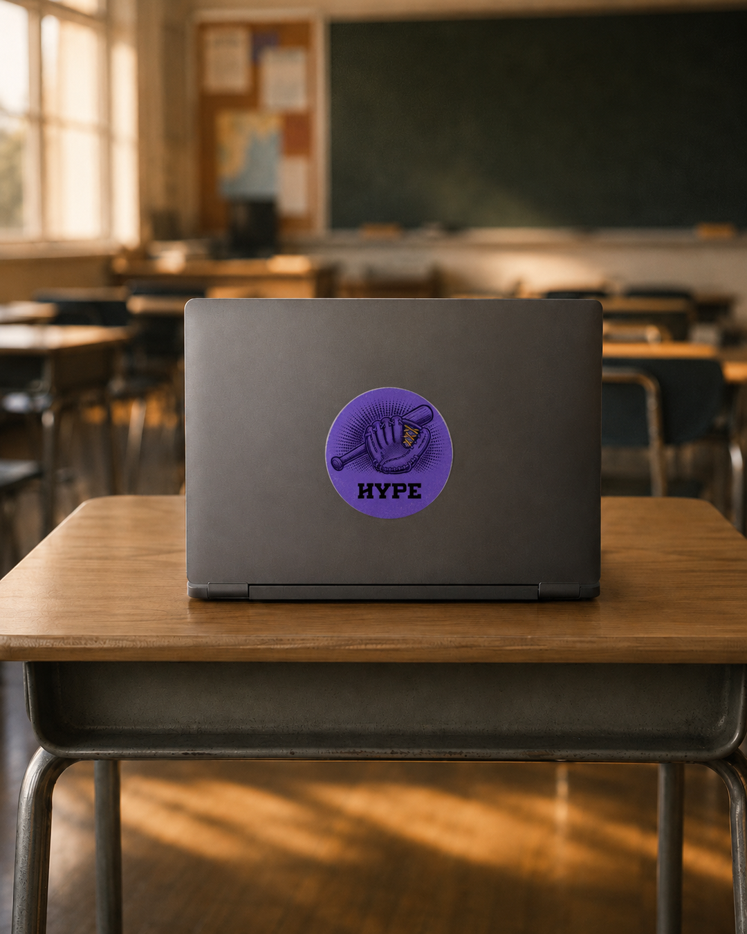A dark gray laptop sits on a wooden school desk in a classroom, featuring a circular purple sticker on the back with a hand graphic and the text &