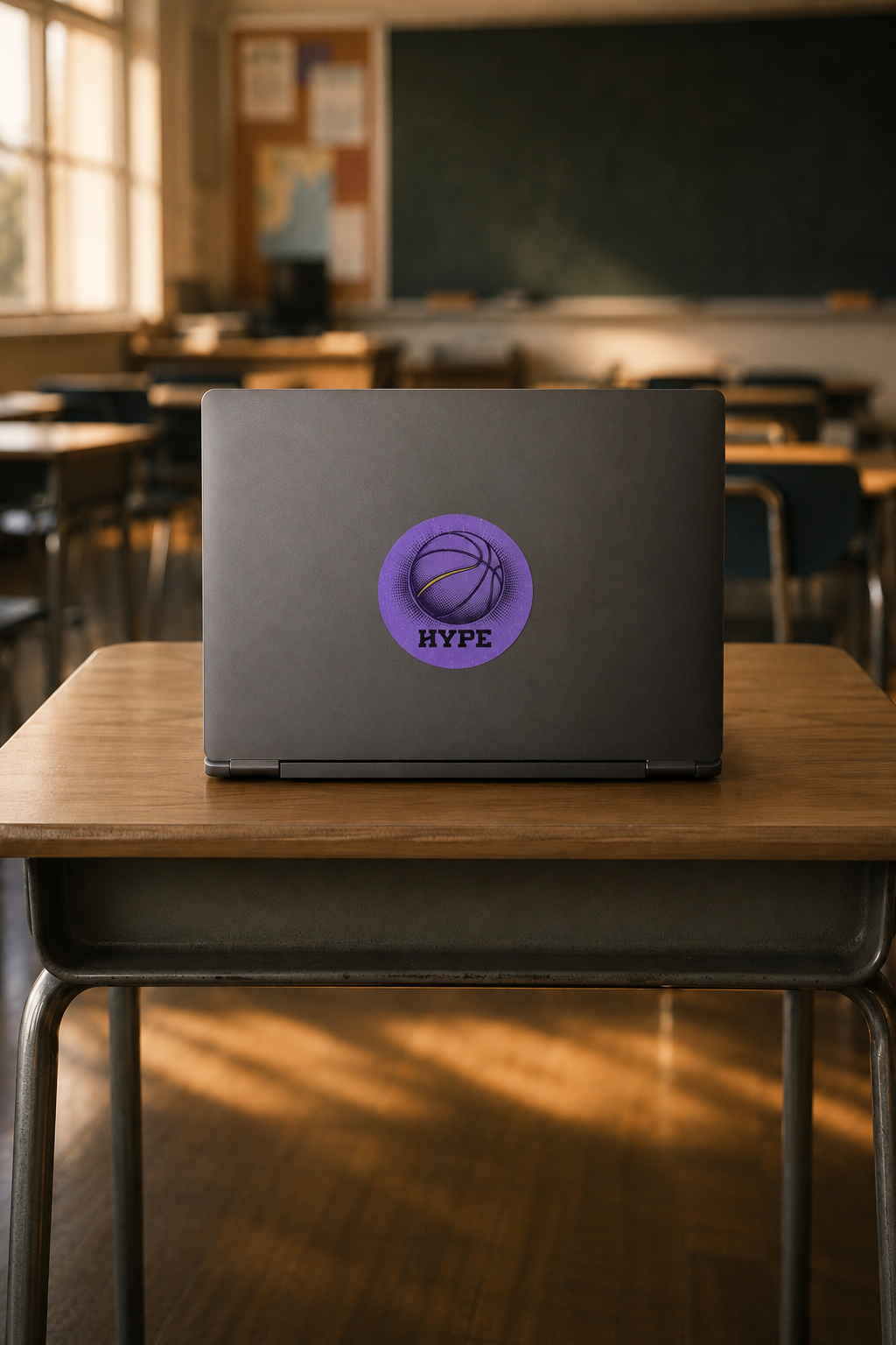 A dark gray laptop sits on a wooden classroom desk, featuring a circular purple sticker with a basketball graphic and the text &