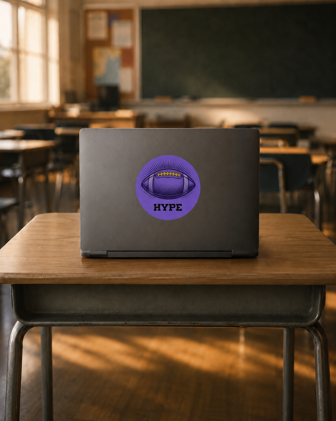 A dark gray laptop sits on a wooden school desk in a classroom, featuring a circular purple and gold sticker on the back with the text &