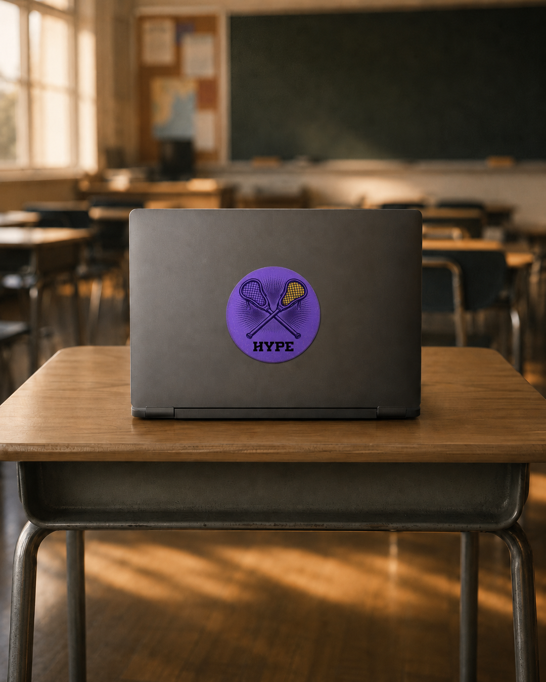 A closed gray laptop sits on a wooden school desk in a blurred classroom setting, featuring a circular purple sticker with crossed lacrosse sticks and the word &
