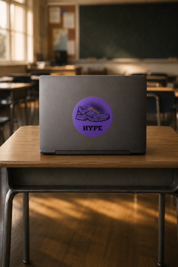 A dark gray laptop sits on a wooden classroom desk, featuring a circular purple sticker with a sneaker graphic and the word &