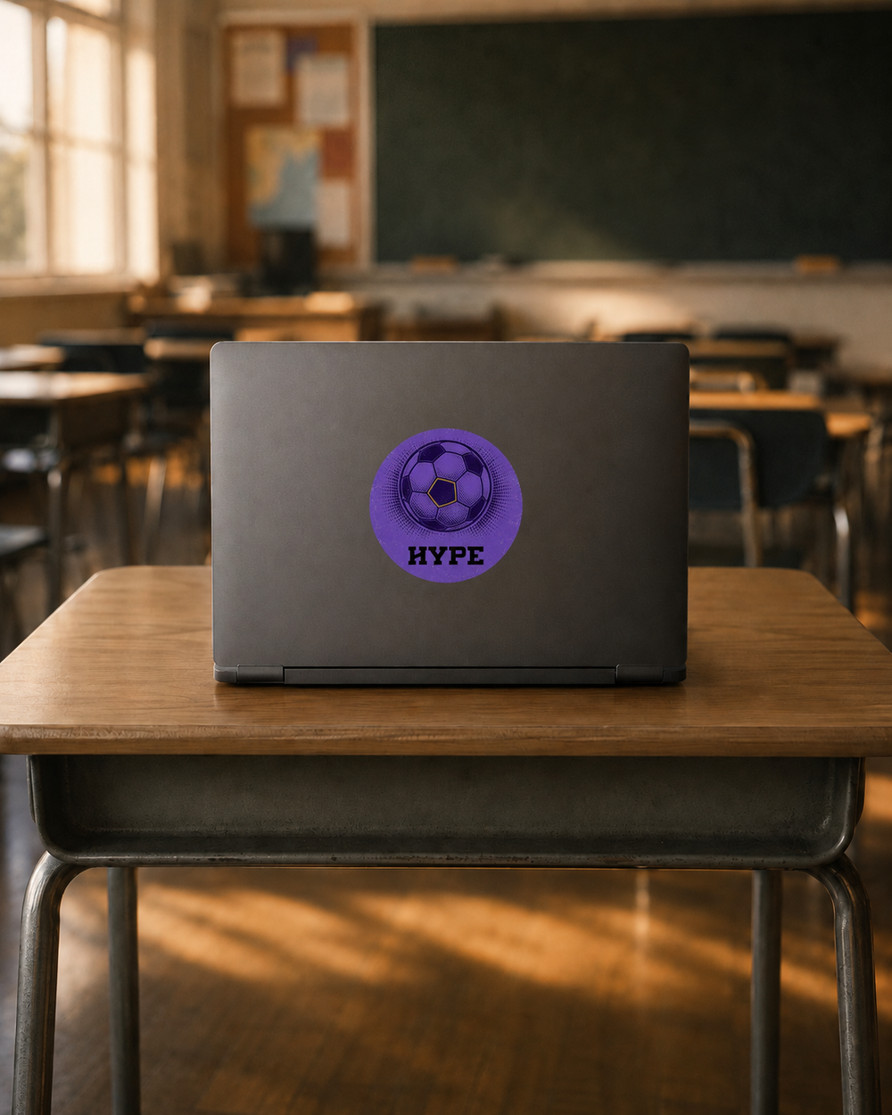 A dark gray laptop sits on a wooden school desk in a softly blurred classroom. The laptop lid has a circular purple sticker featuring a soccer ball graphic and the word 'HYPE' in black.