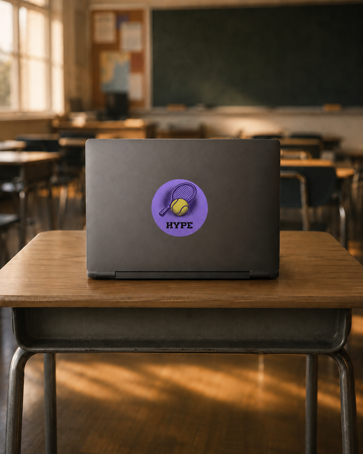 A dark gray laptop sits on a wooden classroom desk, featuring a circular purple and yellow &