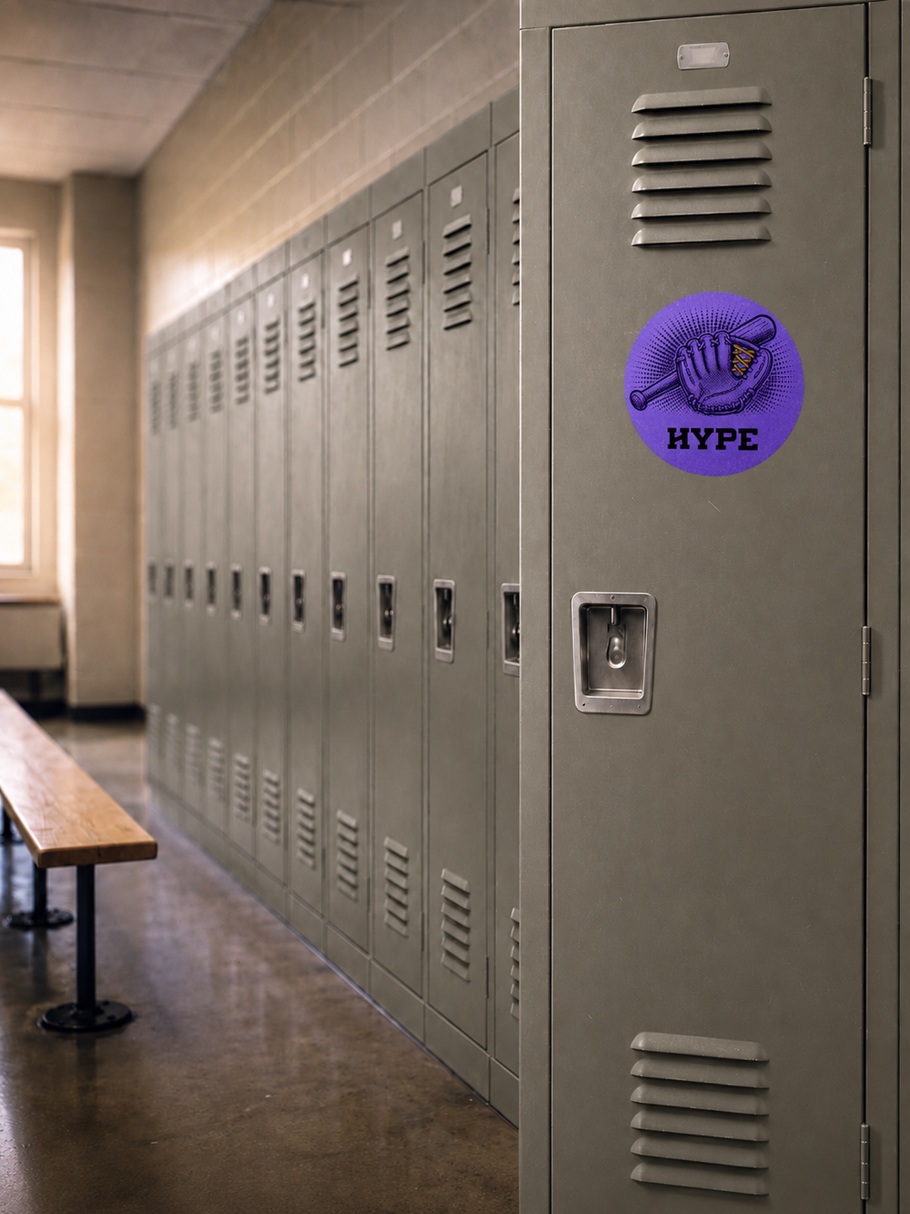 A purple circular 'HYPE' sticker with a baseball glove graphic is applied to a gray metal locker in a school hallway.