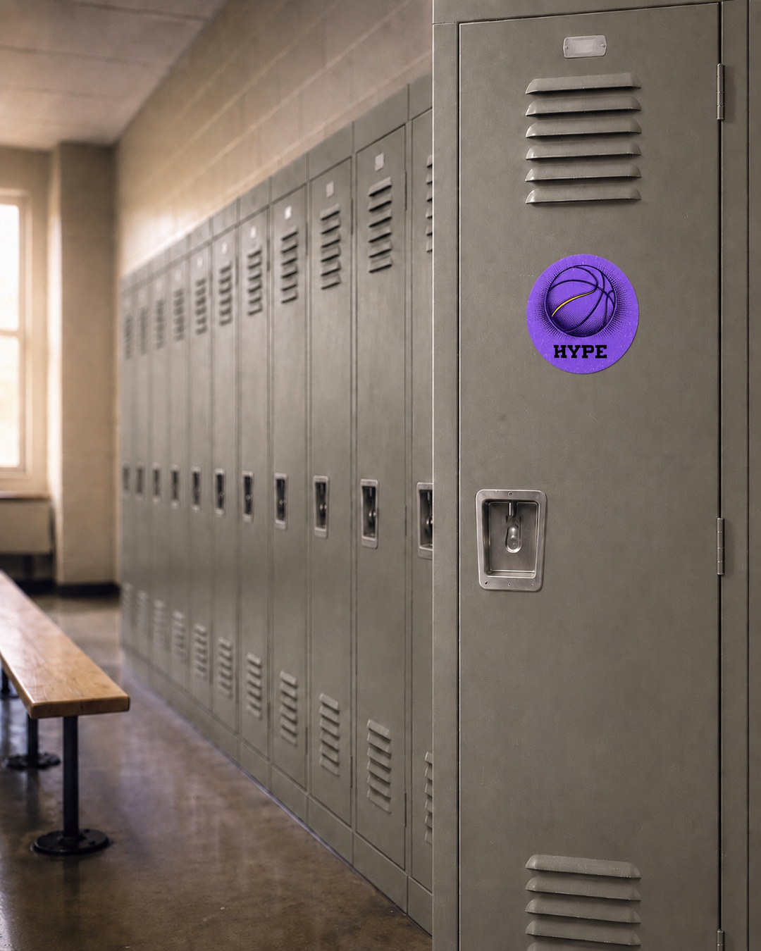 A purple circular sticker with a basketball graphic and the word &
