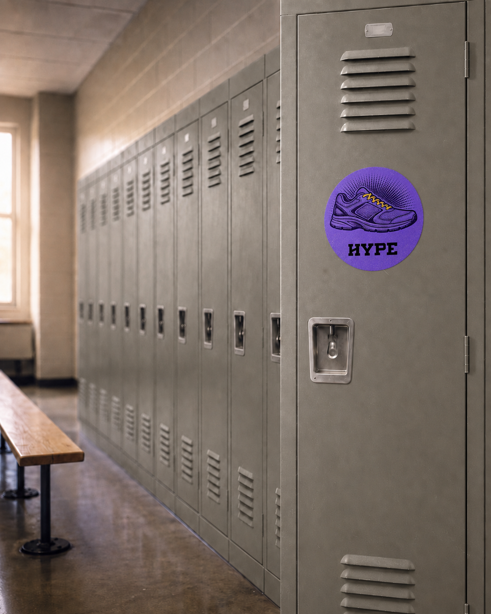 A purple circular sticker with a sneaker graphic and the text 'HYPE' applied to a gray metal school locker in a hallway.