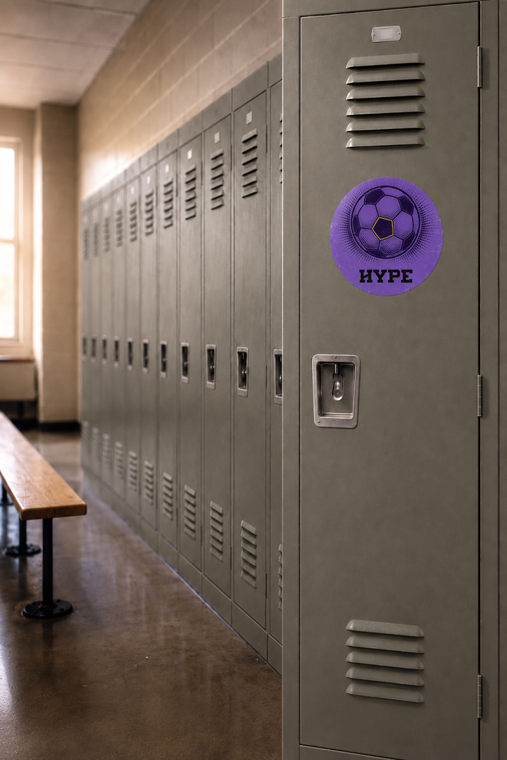 A purple circular decal with a soccer ball graphic and the text &