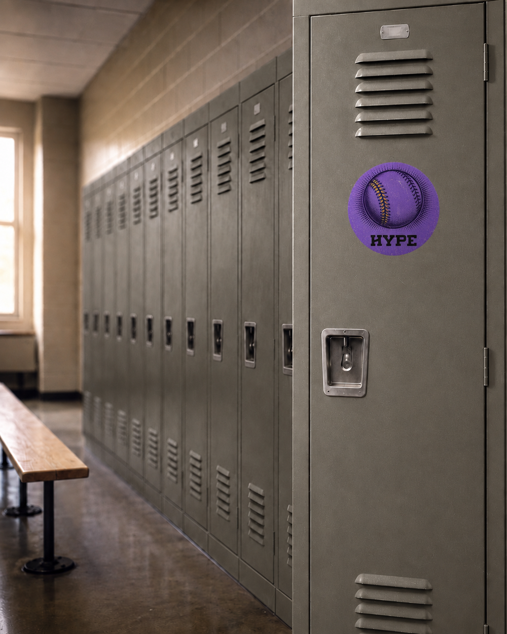 A purple circular decal featuring a baseball graphic and the text 'HYPE' is applied to a gray metal locker in a school hallway.