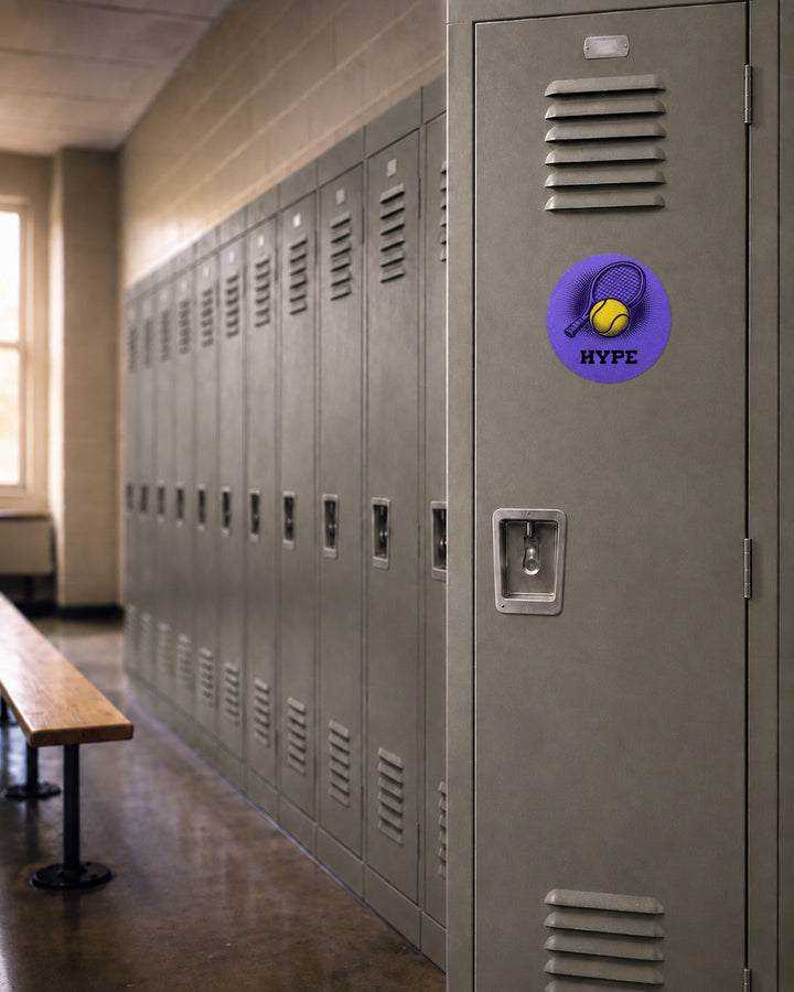 A purple circular sticker with a yellow earphone icon and the text &
