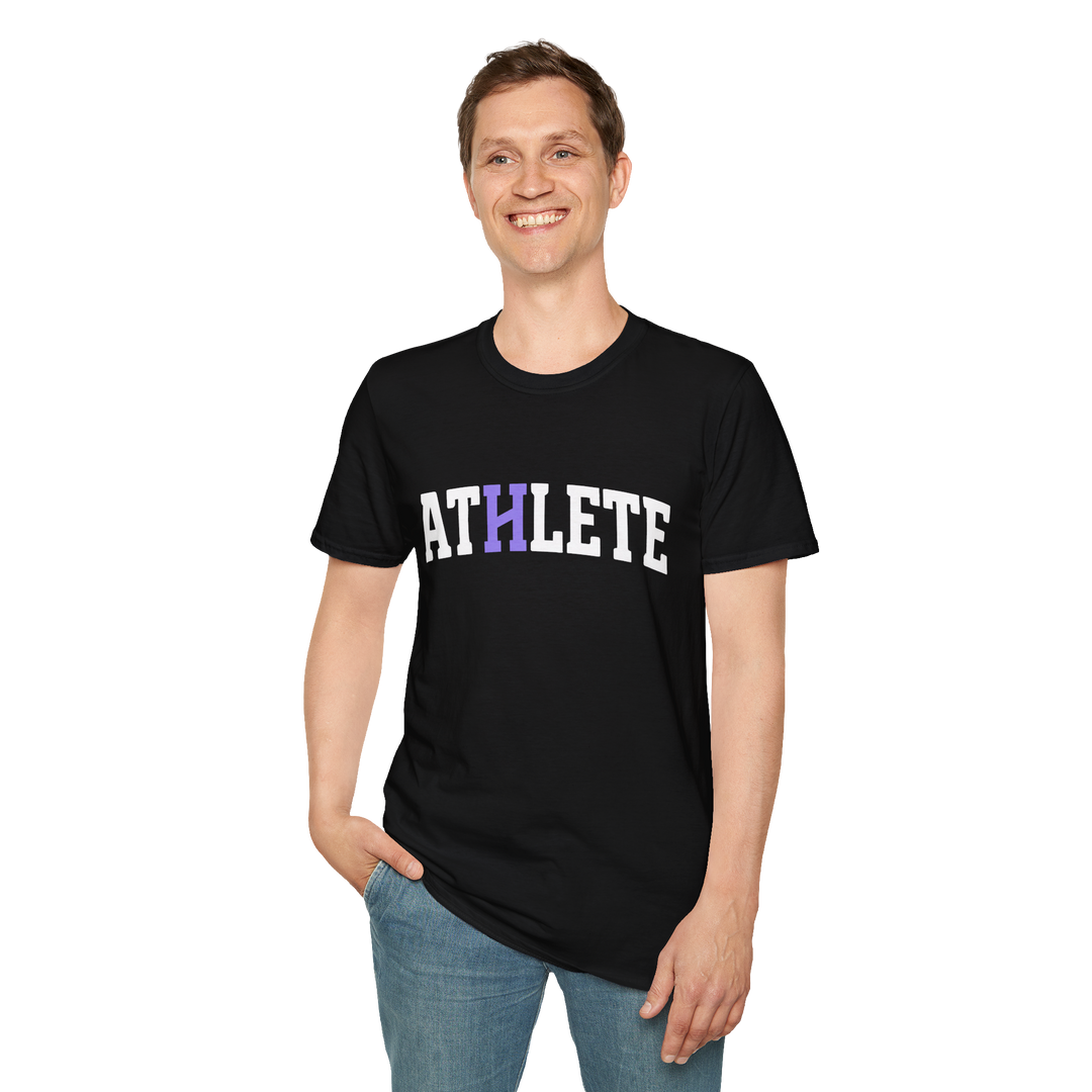 A man wearing a black short-sleeve t-shirt with the word &