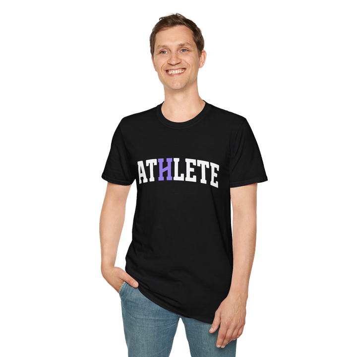 A man wearing a black short-sleeve t-shirt with the word &