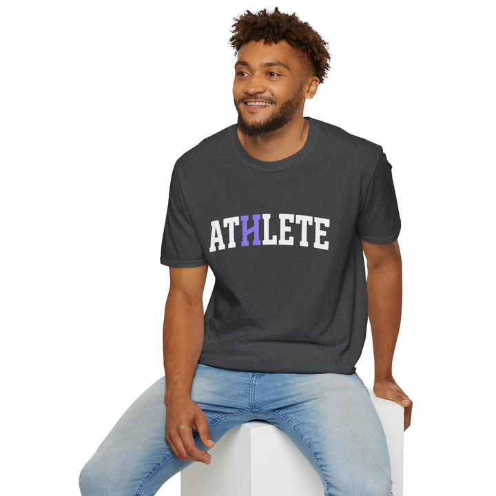 A man wearing a dark gray t-shirt with &