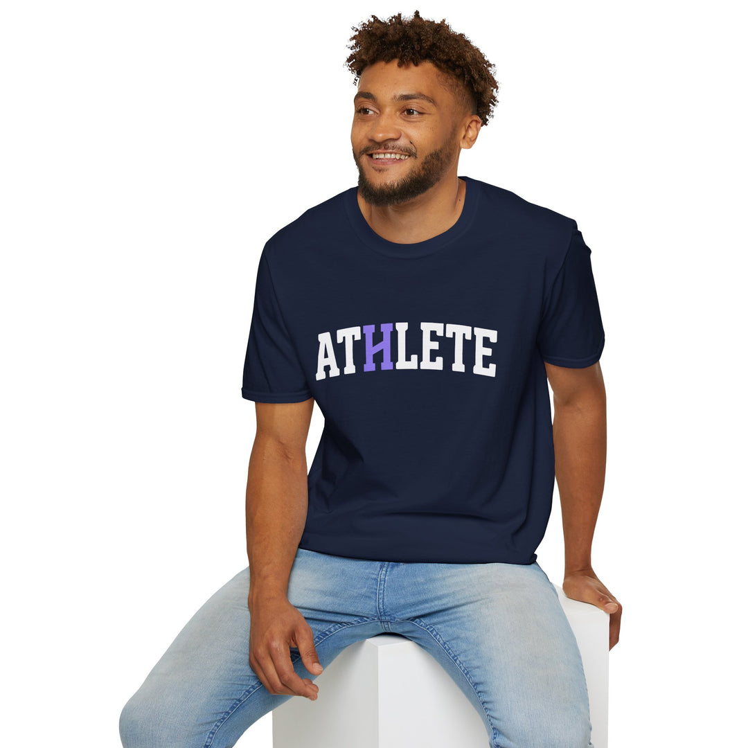 Man wearing a navy t-shirt with &
