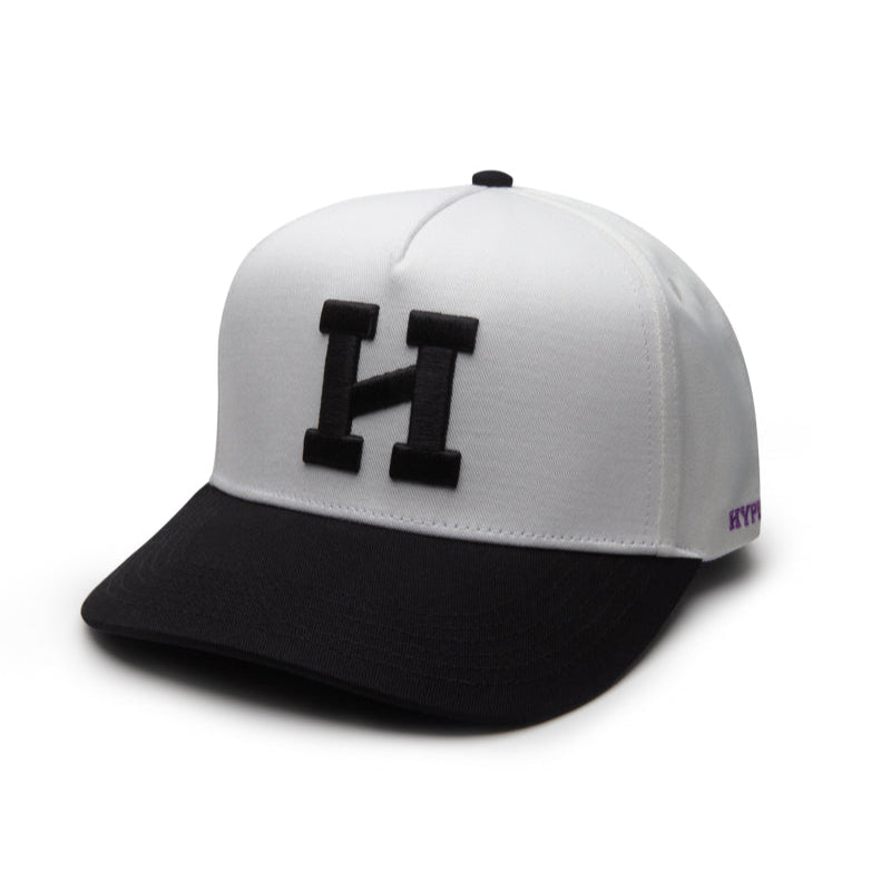 A black structured 5-panel snapback cap with a bold white Hype logo on the front.